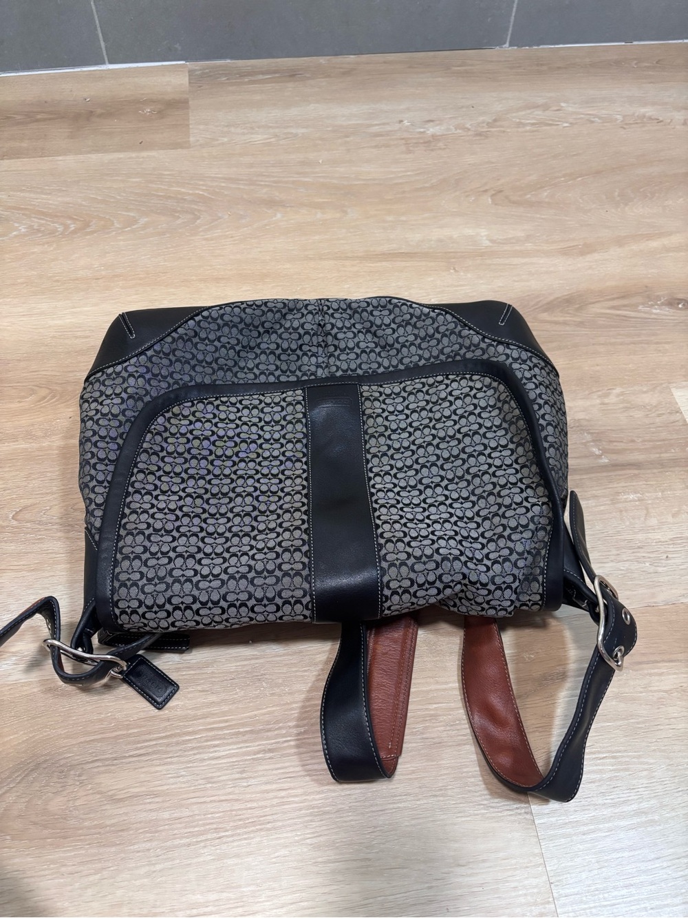 COACH Signature Black Grey Jacquard & Leather Crossbody Saddle Bag - Picture 8 of 14